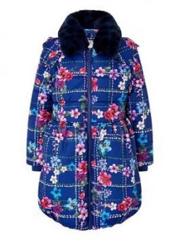 Image of Monsoon Girls Recycled Floral Check Padded Coat - Navy