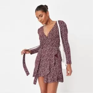Image of Missguided Puff Sleeve Wrap Ls Mini Dress Floral - Red