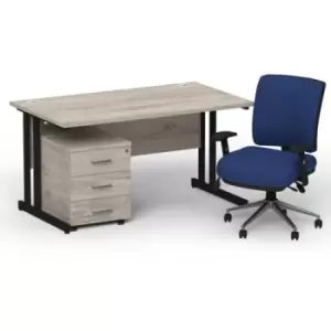 Image of Impulse 1400 x 800 Black Cant Office Desk Grey Oak + 3 Dr Mobile Ped & Chiro Med Back Blue W/Arms