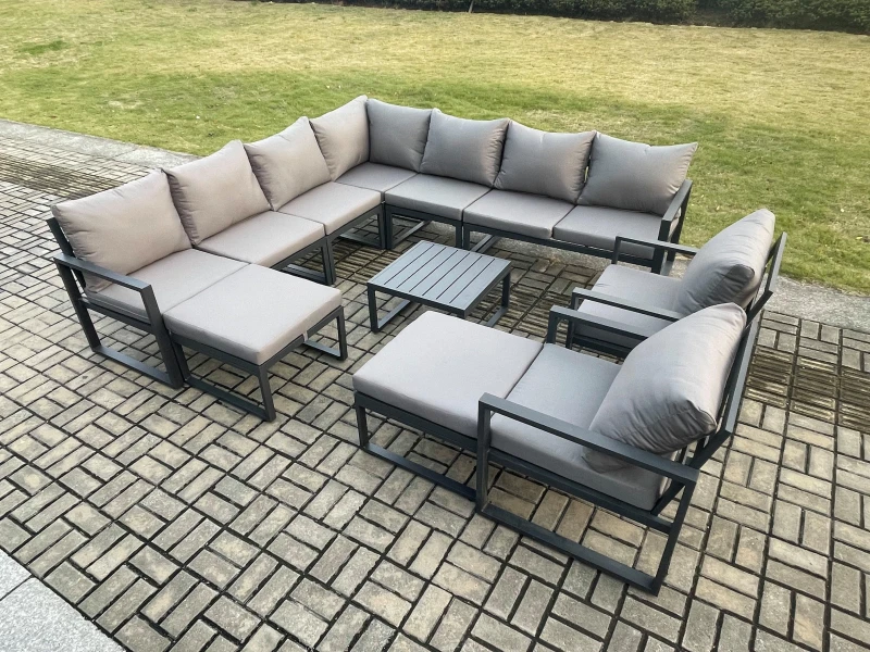 Image of Fimous Aluminium Outdoor Garden Furniture Set Lounge Corner Sofa 2 Pcs Chair Square Coffee Table Sets with 2 Big Footstools Dark Grey Dark Grey Unisex