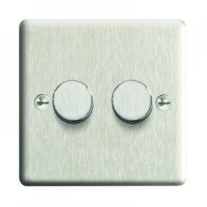 Image of Wickes Dimmer Switch 2 Gang 2 Way 400W Brushed Steel Raised Plate