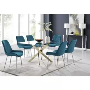 Image of Furniturebox Leonardo 150cm Modern Glass And Gold Metal Dining Leg Table And 6 Blue Pesaro Velvet Silver Chrome Leg Dining Chairs