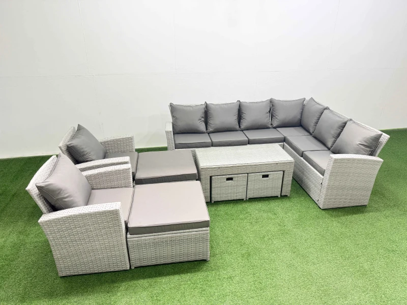 Image of Fimous Rattan Furniture Set 9 Pieces Outdoor Sofa Coffee Table with 2 Chairs in Light Grey Light Grey Unisex