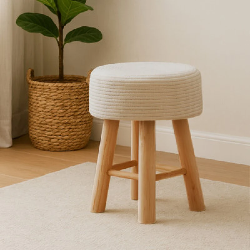 Image of Orsina Durable White Cotton Rope Stool, Stylish Kitchen Stool For Bedroom, Versatile Design Bar Stool For Guests