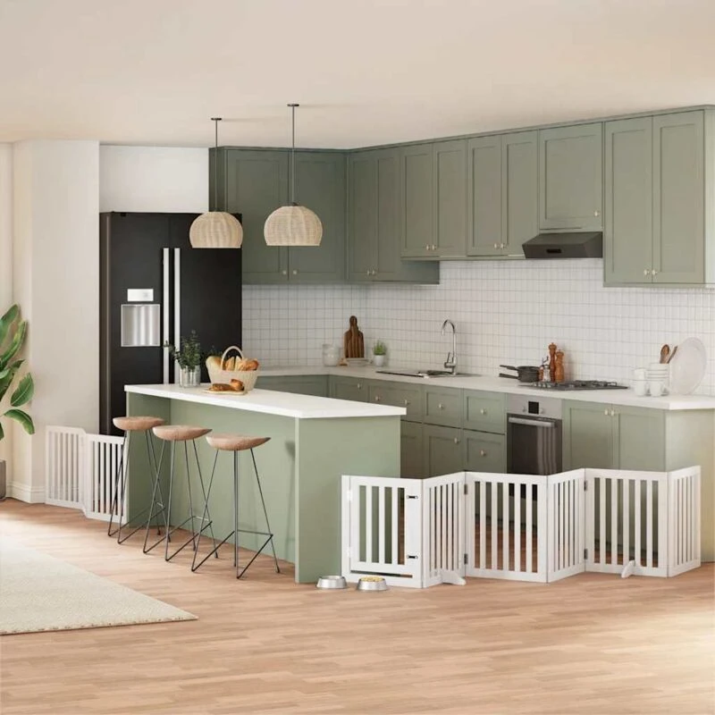 Image of vidaXL Dog Gate with Door Foldable 9 Panels White 450cm Poplar Wood, White 3155647