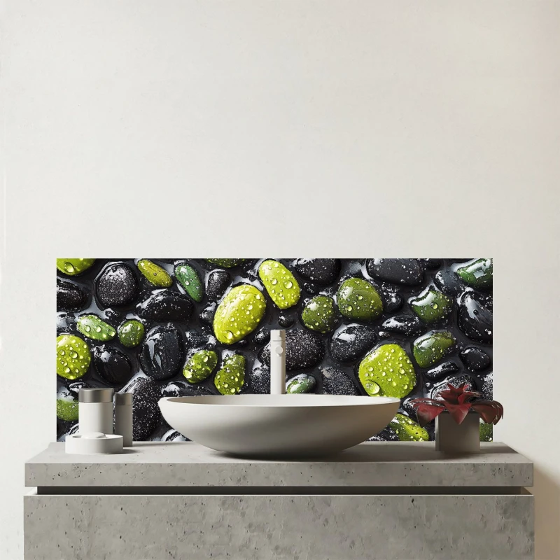 Image of Warren Reed - Designer Emerald & Onyx Pebble Design Glass Bathroom Splashback Multicolor Unisex