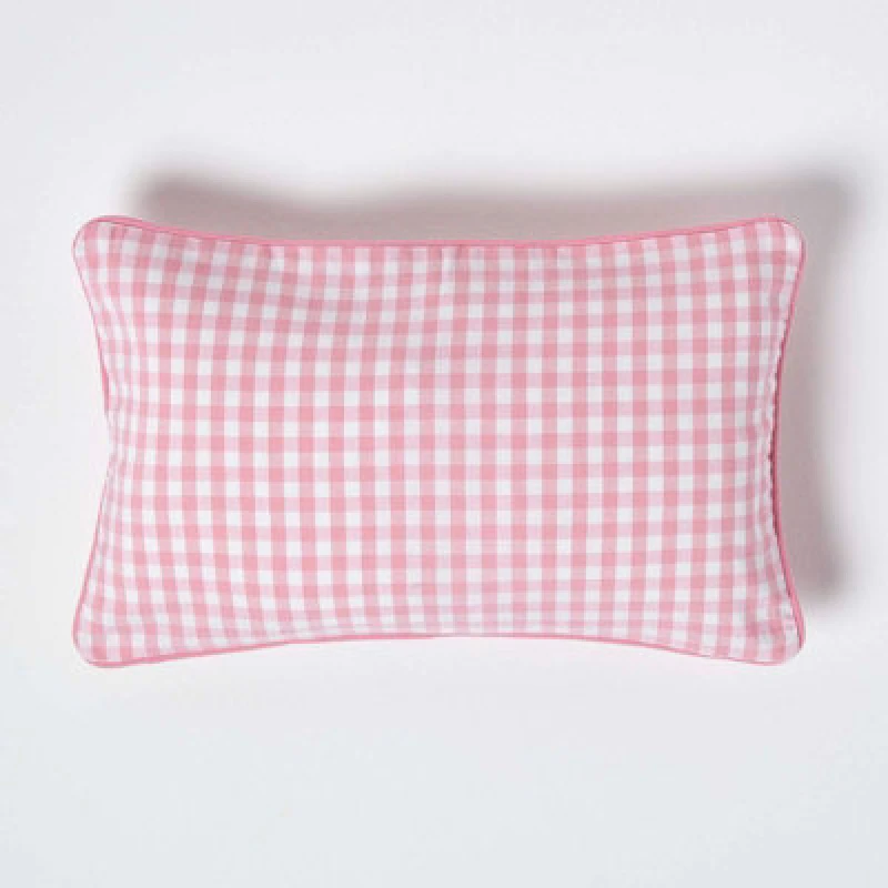 Image of Homescapes Cotton Gingham Check Pink Cushion Cover, 30 X 50 Cm