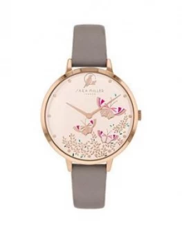 Image of Sara Miller White Butterfly Dial Grey Leather Strap Ladies Watch