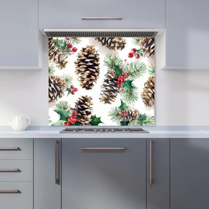 Image of Warren Reed - Designer Festive Pine Cones & Holly Kitchen Splashback Size: 600mm x 750mm Multicolor Unisex 600mm x 750mm