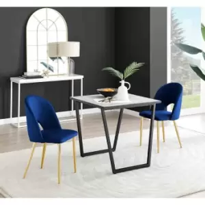 Image of Furniture Box Carson White Marble Effect Square Dining Table and 2 Blue Arlon Gold Leg Chairs