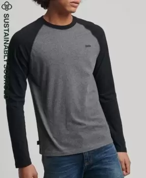 Image of Superdry Mens Organic Cotton Essential Long Sleeved Baseball Top Dark Grey / Rich Charcoal Marl/Black - Size: S