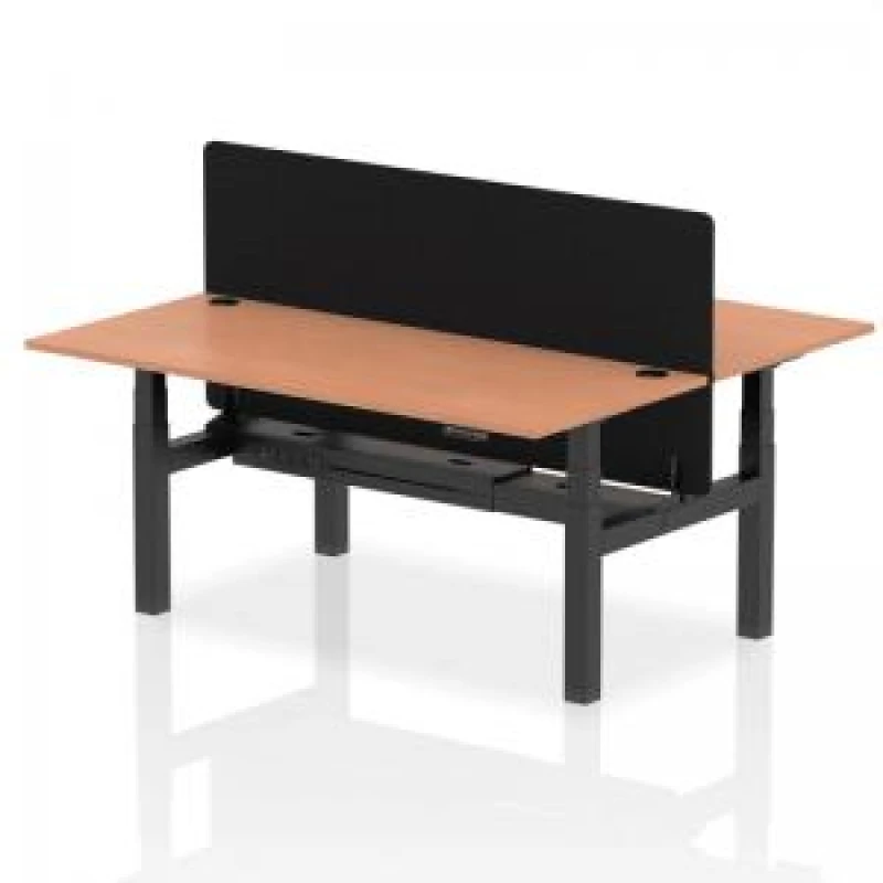 Image of Air Back - to - Back 1800 x 800mm Height Adjustable 2 Person Bench Office Desk Beech Top - Cable Ports Black Frame - Black Straight Screen