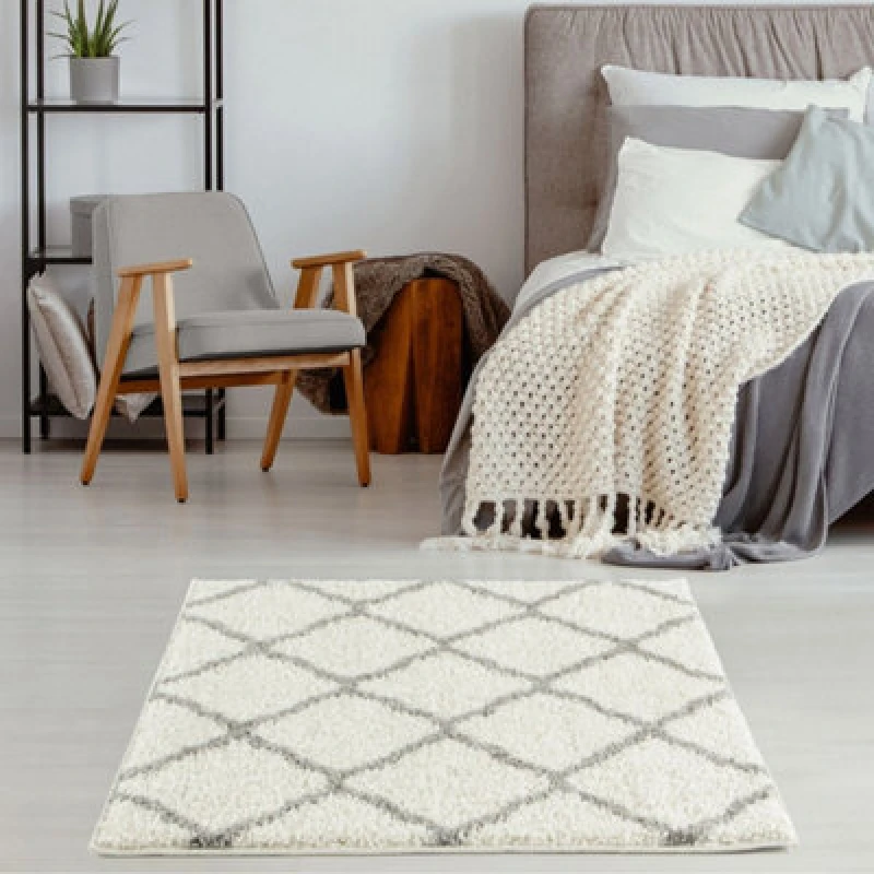 Image of THE RUGS Soft Moroccan Shaggy Rugs & Runners Ivory & Grey Living Room Size: 120cm x 120cm Ivory Unisex 120cm x 120 cm