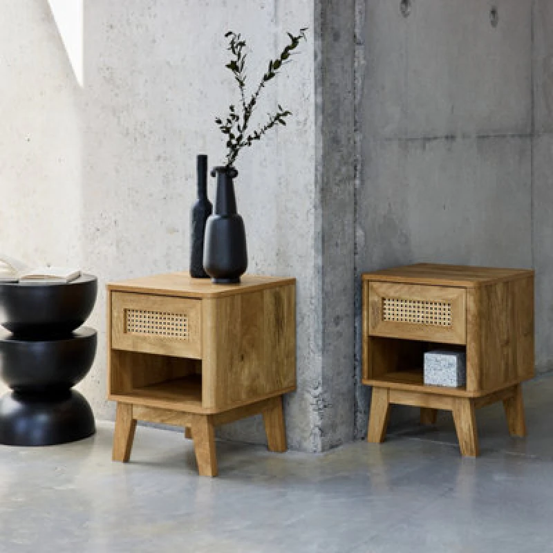 Image of sweeek Pair Of Wooden And Cane Effect Bedside Tables Light Brown