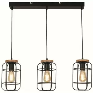 Image of Searchlight Vision 3 Light Cage Bar Ceiling Pendant, Matt Black & Wood