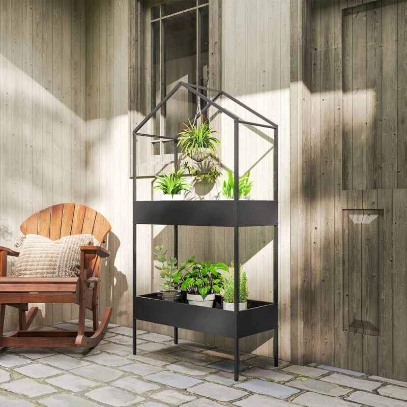 Image of Outsunny 2 Tier Plant Stand, Outdoor Indoor Metal Plant Stand with Hook, Black 84H-517V00BK