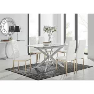 Image of LIRA 120 Extending Dining Table and 6 White Gold Leg Milan Chairs - White