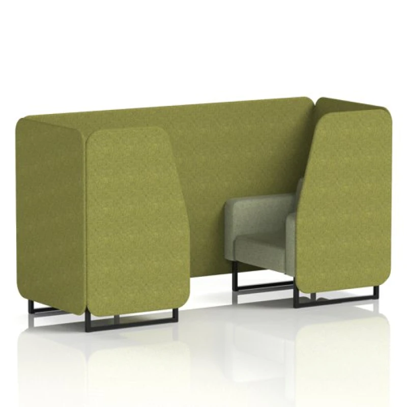 Image of Brixworth 2 Seater Office Booth with Front Panel - Black Legs in Rivet Fabric - Olive Panels and Burnish Sofa