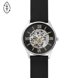 Image of Skagen Holst Skeleton Mens Black Leather Strap Watch