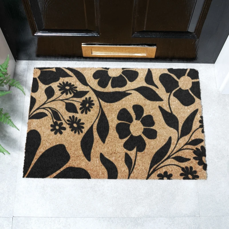 Image of Artsy Doormats Black Floral Pattern Doormat (60 X 40Cm)