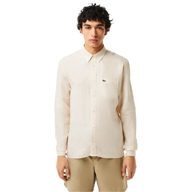 Image of Lacoste Mens Long Sleeve Patterned Shirt White/Croissant male XS