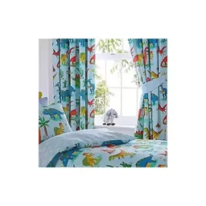 Image of Kids Club Dinosaurs Fully Lined Pencil Pleat Headed Curtains, Polyester-Cotton, Multi-Colour, 182 x 167 cm