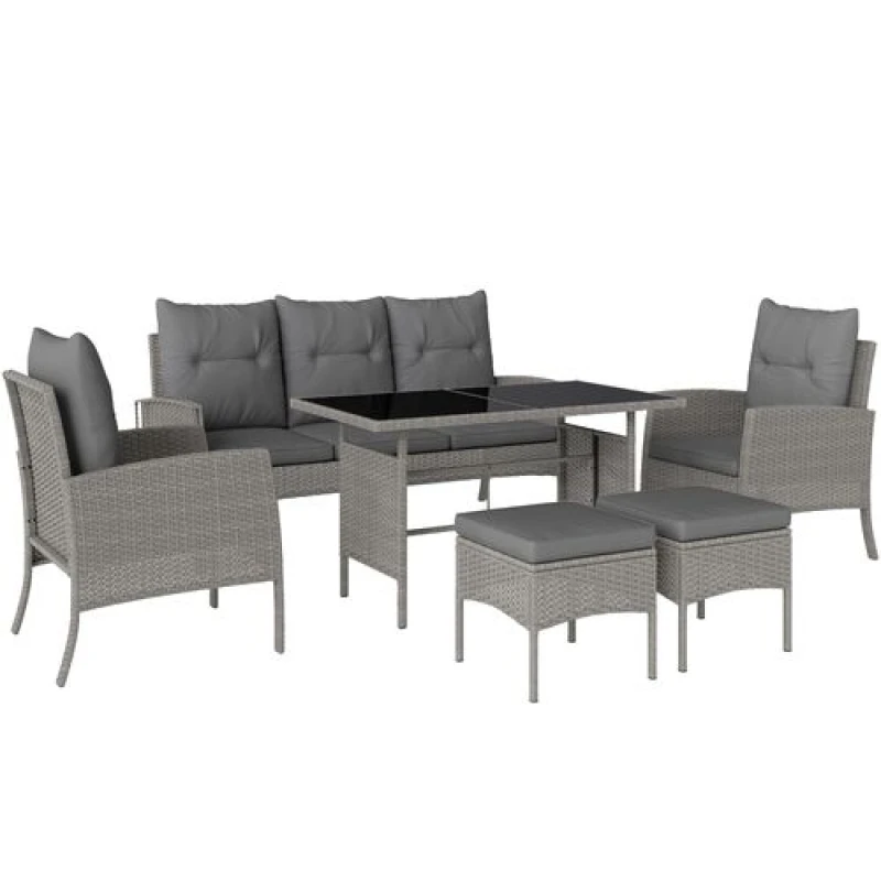 Image of Outsunny 6 Pieces Rattan Garden Furniture Sofa Set, Grey Grey