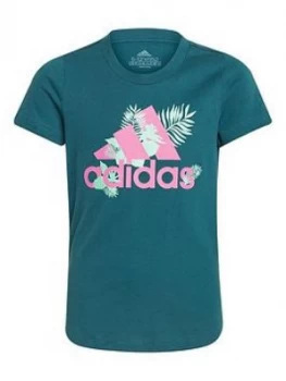 Image of adidas Girls Junior Tropical Badge Of Sport Girls T-Shirt - Teal, Size 9-10 Years, Women
