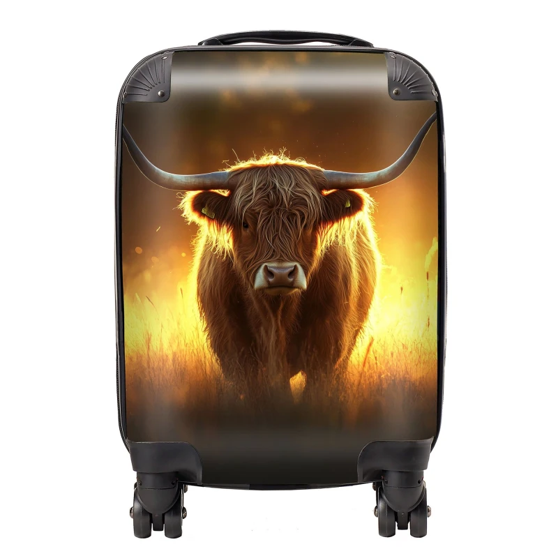 Image of Warren Reed - Designer Highland Cow Sunset Suitcase in Orange Size: Small Orange Unisex Small