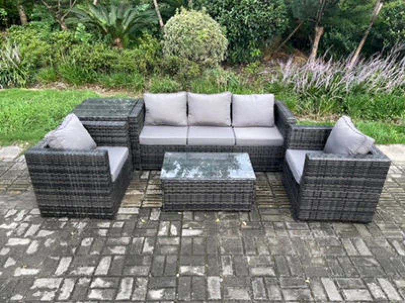 Image of Fimous Rattan Garden Furniture Set with Coffee Table Side Table 2 Armchairs Indoor Outdoor Patio Lounge Sofa Set Dark Grey