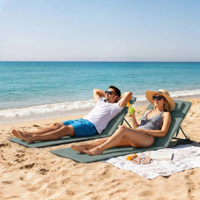 Image of OUTSUNNY 2 Pcs Foldable Sun Loungers, Beach Lounger with Adjustable Back in Grey Grey Unisex