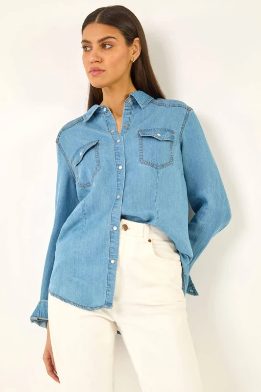 Image of Roman Womens Denim Front Pocket Shirt in Light Blue Size: 12 Light Blue Female 12