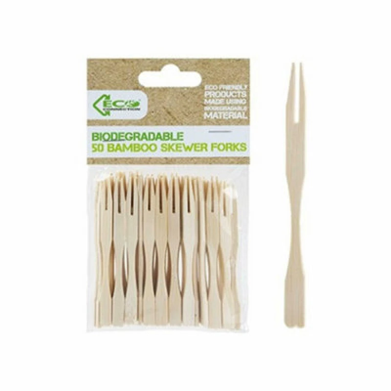 Image of PMS Eco Connection Pack Of 50 Disposable Natural Bamboo Skewer Forks
