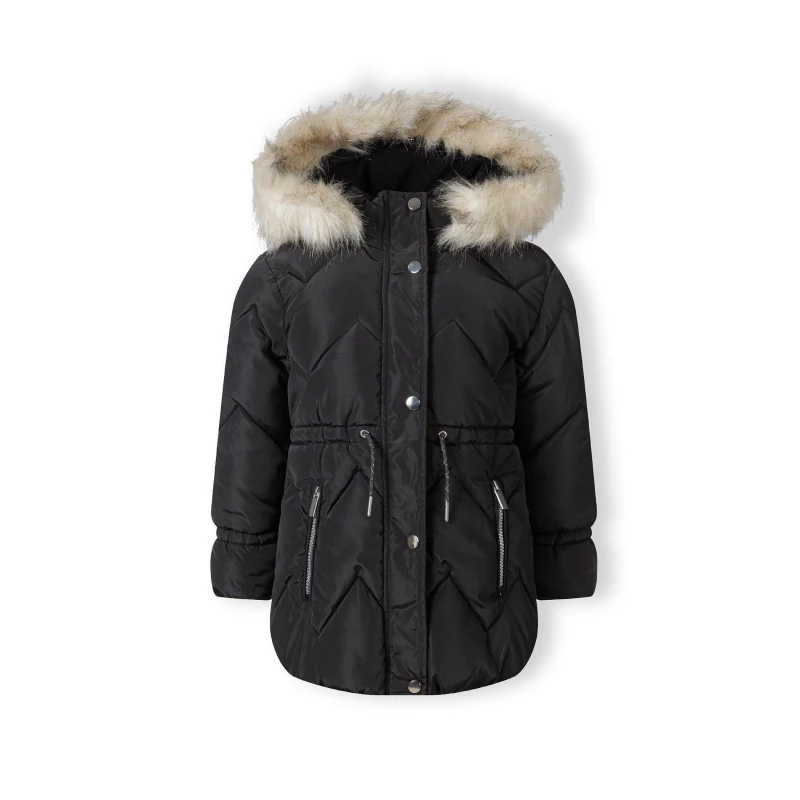 Image of Minoti Girls mid length quilted winter jacket faux fur hood Black female 7-8 Yrs