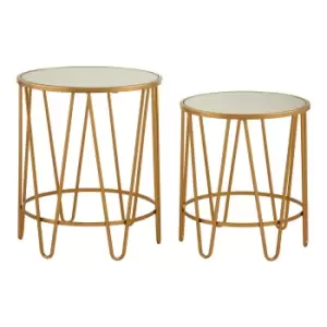 Image of Set of 2 Round Side Tables with Mirror Tops in Gold Finish Metal