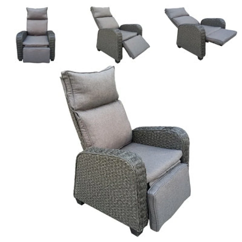 Image of Patio Rattan Recliner, Outdoor Rattan Lounger With Soft Cushion, 170 Degree Adjustable Backrest And Footrest - Gray