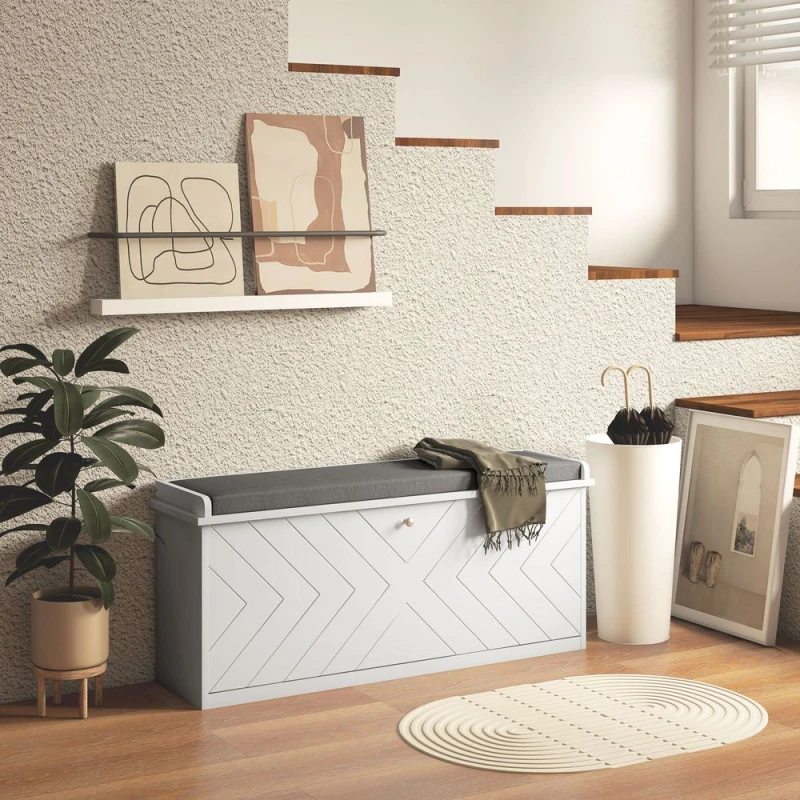 Image of HOMCOM HOMCOM Shoe Bench with Flip Drawer, Cushion, 10 Pairs for Entryway White 5056725505356