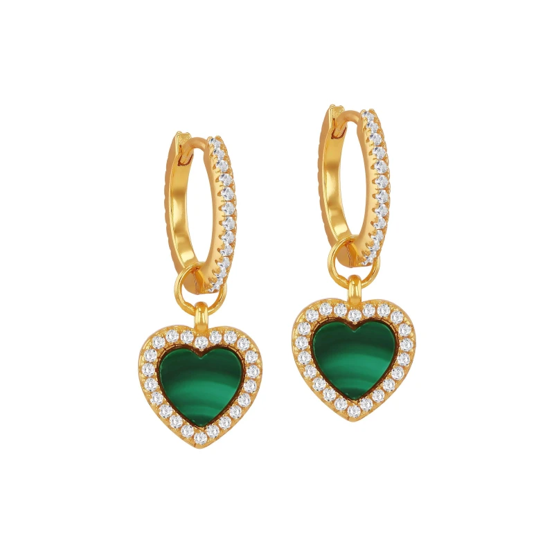 Image of Be You Silver Gold Plated Heart Malachite & CZ Huggys Yellow Gold Pla female One Size