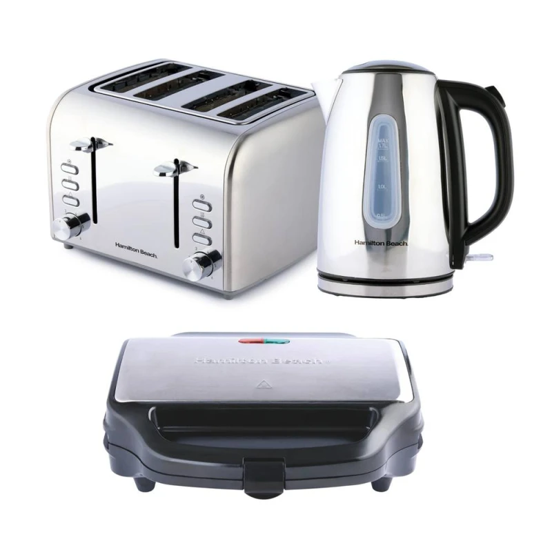 Image of Hamilton Beach Rise Polished Kettle, 4 Slice Toaster & Sandwich Toaster Set - Silver Silver Unisex