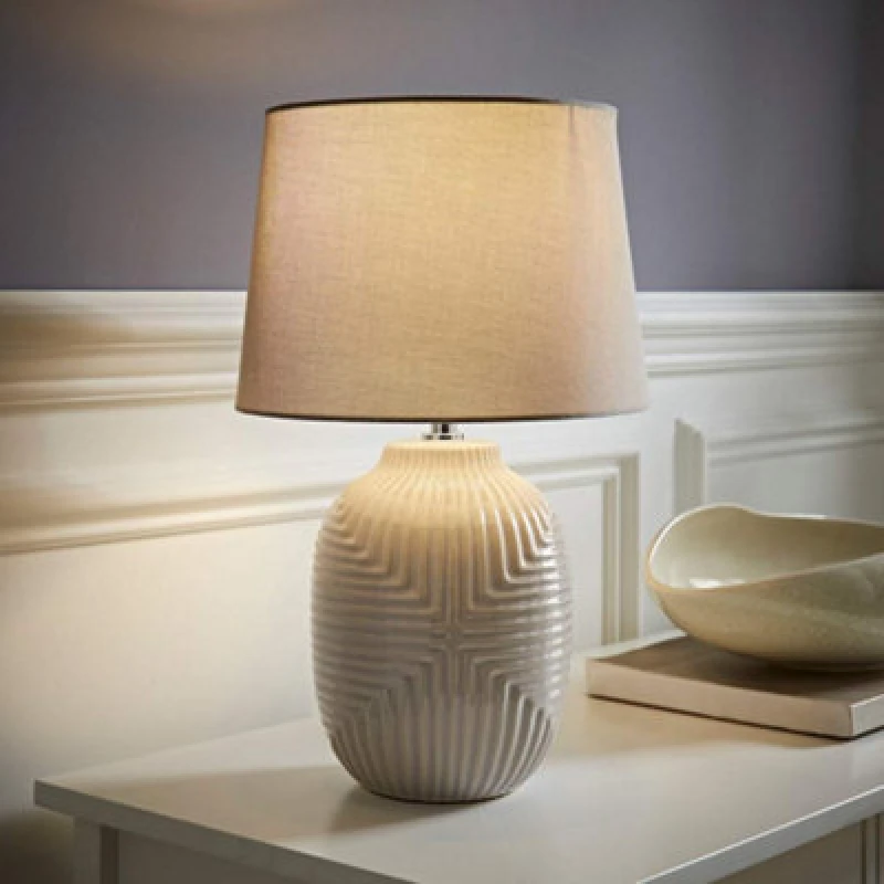Image of ValueLights ValueLights Harrison Tapered Shade Grey Geometic Ribbed Pattern Gloss Table Lamp Size: Medium Grey Medium Unisex 5016529272151