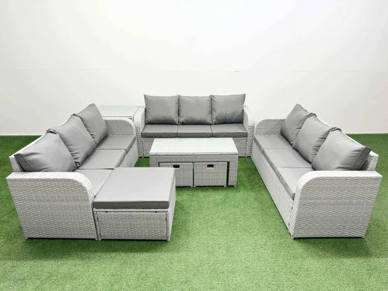 Image of Fimous PE Rattan Lounge Sofa Set 12 Seater Outdoor Garden Furniture Set with Oblong Coffee Table 3 Seater Sofa 3 Stools Side Table Light Grey Light Gr