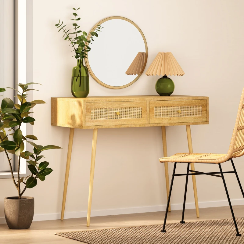 Image of Vonhaus Dressing Table With Rattan Drawers, Bedroom Vanity Storage For Makeup, Computer Desk For Office, Console Table For Hallway