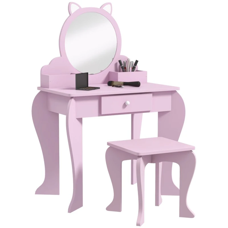 Image of Zonekiz Kids Dressing Table Cat Design W/ Mirror Stool, Drawer, Storage Boxes, Pink 316-013V80PK