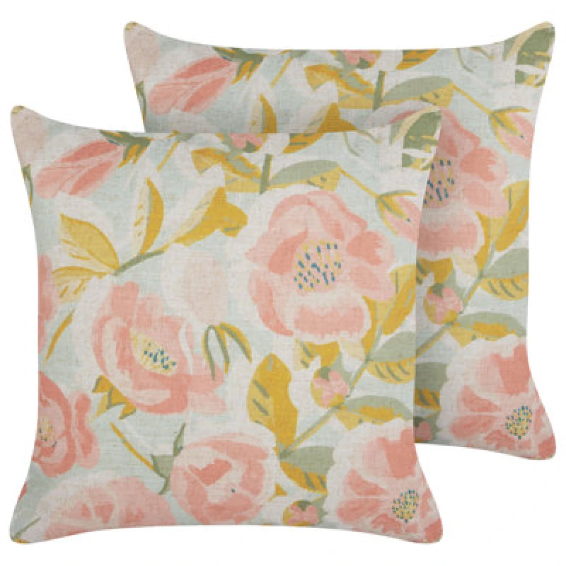 Image of Beliani Set Of 2 Decorative Cushions Zahriye 45 X 45cm Pink Floral Pattern