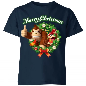 Image of Nintendo Donkey Kong Wreath Thumbs Up Kid's Christmas T-Shirt - Navy - 7-8 Years - Navy