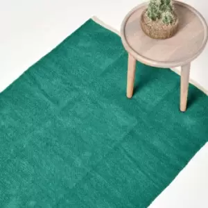 Image of Teal Green 100% Cotton Plain Chenille Rug with Natural Trim, 110 x 170cm - Green - Homescapes