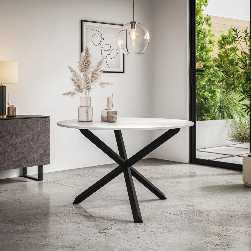 Image of More4Homes Malvern Round Dining Table White Marble Effect Table Top W Solid Black Oak Legs