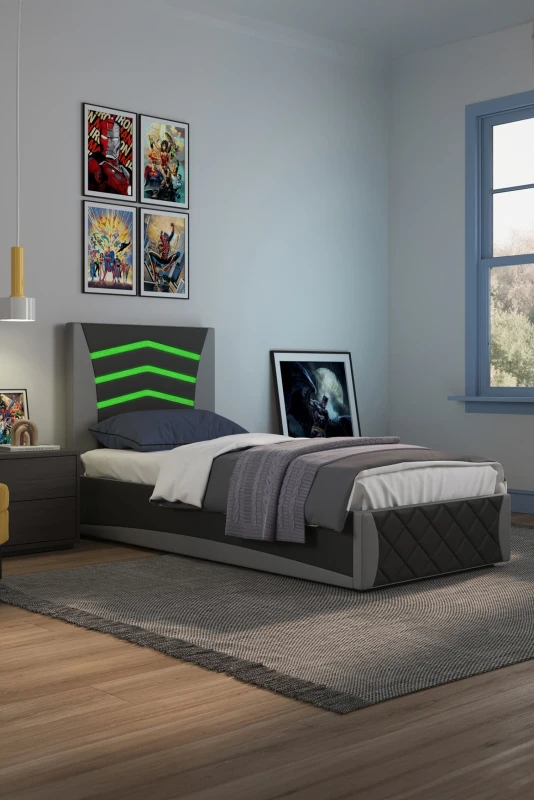 Image of Slumberworx Galaxy Ottoman Storage LED Lights Headboard Gaming Faux Leather Single Bed Frame - Black And Grey, Black 5055744836052