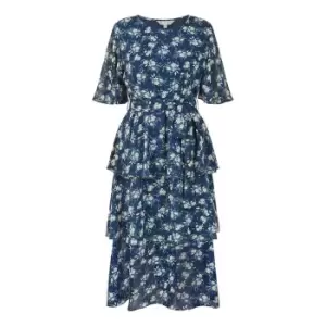 Image of Yumi Navy Floral Frill Layer Midi Dress - Blue
