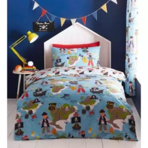 Image of Portfolio Home Kids Club Pirate Map Duvet Cover And Pillow Cases Blue Bed Set - Double